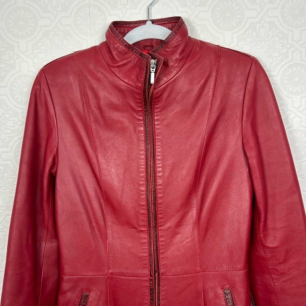 Vintage Retro Red Leather Jacket Longline Trench Old School 90s‎ Y2K Spice Girls - Picture 3 of 14